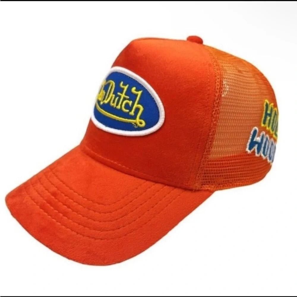 Von Dutch Hollywood Patch Orange VELVET Trucker Hat| Adjustable/Snapback|NEW/NWT